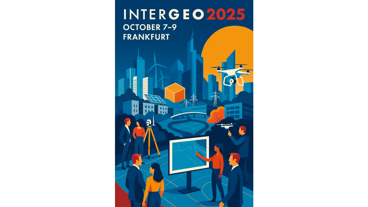 Illustration zur INTERGEO 2025 in Frankfurt mit Messebesuchern, Drohne, Geodaten-Technologie und Smart-City-Hintergrund – Hinweis auf Vivax-Metrotech am Stand 12.0 0H081